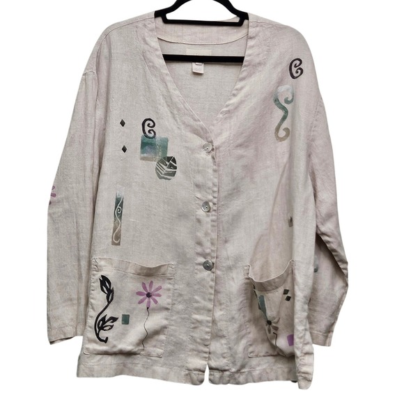 J. Jill Sweaters - J. Jill Cardigan Jacket Womens LP Beige Linen Hand Painted Artistic Lagenlook